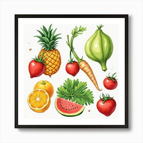 Lush Fruits And Vegetables In An Artistic Watercolor Presentation 1 Art Print