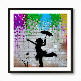 Banksy Style Graffiti Of A Girl Dancing In Colorful Rainfall Art Print