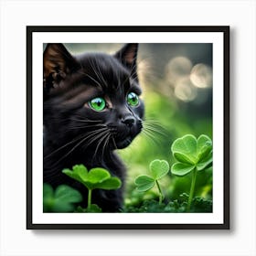 Lucky Black Cat In Clover Art Print