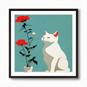 White Cat With Red Flowers Art Print