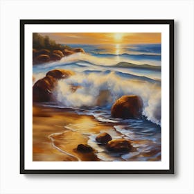 The sea. Beach waves. Beach sand and rocks. Sunset over the sea. Oil on canvas artwork.17 Art Print