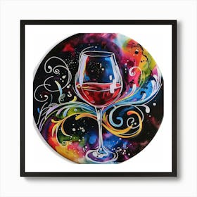 Vibrant Watercolor Red Wine Glass On colorful Round Splash Art Print