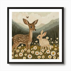 Deer And Bunnies Fairycore Painting 1 Art Print