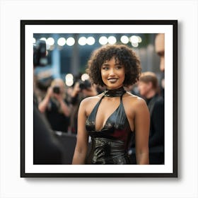 A Black Woman Voluptuous Sexy Wearing Black Latex Dress Curly Hair on the Red Carpet - Created by Midjourney Art Print