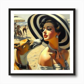 Lady And Dog On The Beach Art Print