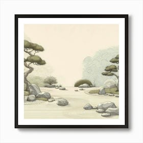 Japanese Zen Garden With Raked Sand, Rocks, And Bonsai Trees, Wallart Painting Art Print