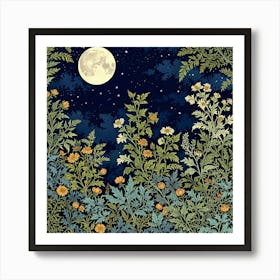 Night Sky With Flowers And Moon Art Print