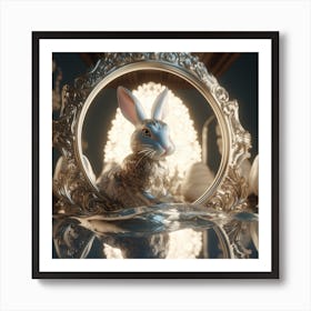 Photorealistic Cartoon White Rabbit Figurine In Mirror Frame Art Print