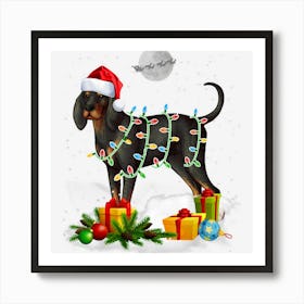 Funny Black And Tan Coonhound Dog Christmas Lights Santa Art Print