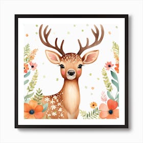 Floral Baby Elk Nursery Illustration (27) Art Print