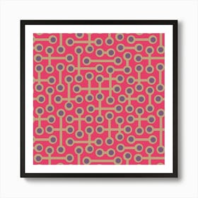 CIRCUITS Retro 1970s Mid Century Abstract Geometric Groovy Polka Dot in Vintage Purple and Beige on Fuchsia Hot Pink Art Print