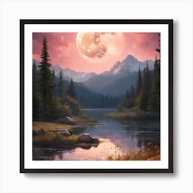 Full Moon Over Lake Art Print