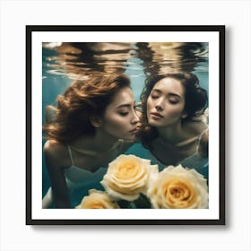 Tyndall Effect, A Beautiful Two Women Lies Underwater In Front Of Pale Yellow Roses ,Sunbeams In The Art Print