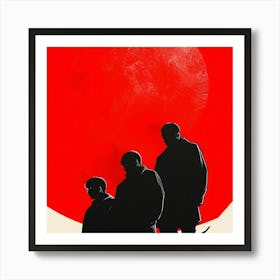 Three Men Standing In Front Of A Red Moon Art Print