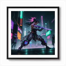 Cyberpunk Samurai In A Neon Lit Megacity in A Futuristic World Of Dazzling Neon Lights And Towering Art Print