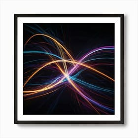 A dynamic and energetic abstract composition of glowing light trails in neon colors, swirling and overlapping in a dark background. The image should convey speed, energy, and a sense of modernity. Art Print