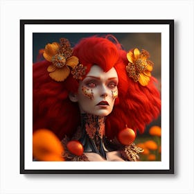 Portrait Of A Woman With Red Hair In A Field Of Flowers Art Print
