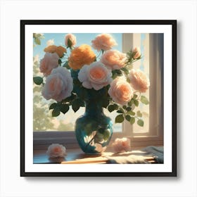 Apricot Pink Roses In A Vase Art Print