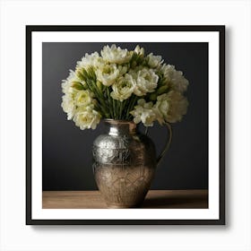 White Carnations In A Silver Vase Art Print