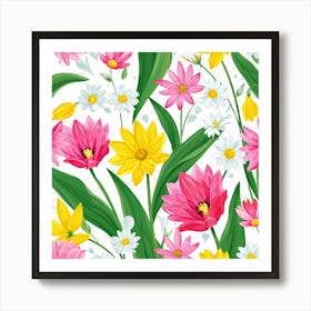 Cartoon Style Digital Painting Of An Isolated Spring Bouquet Featuring Blooming Tulips Roses And D (5) Art Print