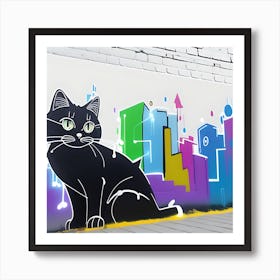 Graffiti black Cat city silhouette Art Print