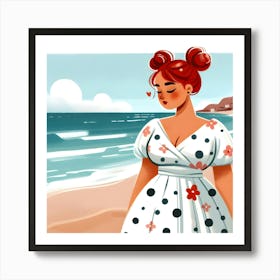 Redhead Girl In Polka Dot Dress in Beach View Art Print