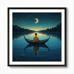 Man In A Boat At Night Art Print