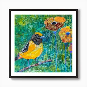 Finch With Purple Stem Poppies Flowers In Green Nature Square Art Print