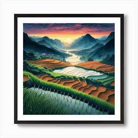 Beautiful views of rice fields, close to the river and surrounded by mountains, 19 Art Print