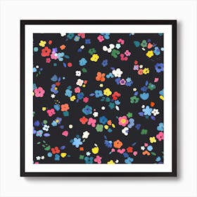 Ditsy Flowers Multi Black Square Art Print