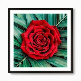 Red Rose On Green Leaves Art Print