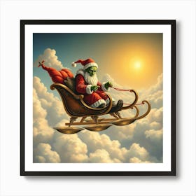 Green Santa Claus Fly In Futuristic Sleigh Art Print