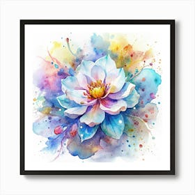 Watercolor Flower With Blue And Yellow Splashes Art Print