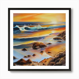 Artwork, oil colors, sea and sunset, seashore, beach rocks.San Francisco, USA.3 Art Print