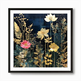 Gold And Black, Flowers On Black pink flowers 1 Art Print