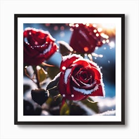 Sunlight on Red Roses in Snow Art Print