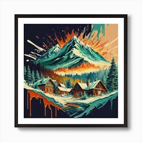 Abstract painting of a mountain village with snow falling 29 Art Print