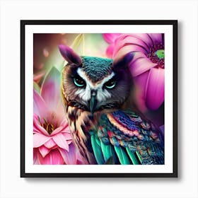 Owl And Flowers 1 Art Print