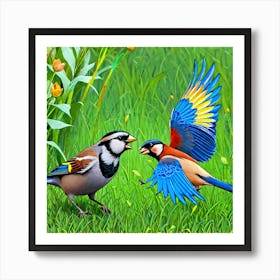 Two Birds Fighting In The Grass Art Print