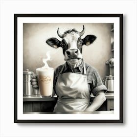 Cow Holding A Cup Of Coffee Art Print