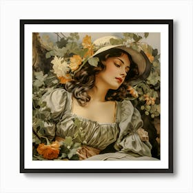 Romantic Portrait of a Woman in Floral Hat - Vintage Elegance Art Art Print