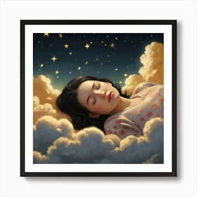 A photorealistic portrayal of a woman with shiny black bobbed hair, asleep on shimmering golden clouds. The sky around her is dotted with stars, each shaped like a Hello Kitty cat, casting a soft glow. Created Using: high-resolution detail, magical night sky, gold-tinted clouds, playful star designs, tranquil mood, soft glow effects, enchanted setting, clear focus --ar 16:9 --v 6.0 2 Art Print
