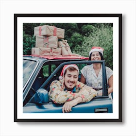 Happy Couple In Car With Presents Art Print