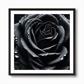 Black Rose With Water Droplets Art Print