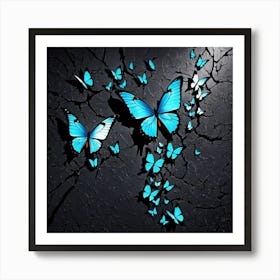 Blue Butterflies On A Cracked Wall, Butterflies Emerging From A Cracked Dark Wall Representing Transformation And Hope Butterfly - Butterfly Stock Videos & Royalty-Free Footage Art Print