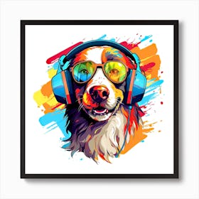 Dog With Headphones Art Print