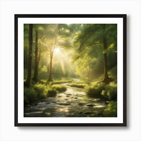 A captivating scene of a lush green forest with golden sunlight filtering through the trees. The leaves are gently swaying in the breeze, and a stream flows with sparkling water, reflecting the light. The atmosphere should be peaceful and serene 3 Art Print