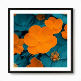 Blue And Orange Flowers Art Print