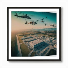 Helicopters Flying Over A Military Base Art Print