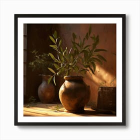 A Rustic Teerracotta Vases Filled With Olive Green Plants Burnt Sienna Textured Walls Soft Lighting Art Print